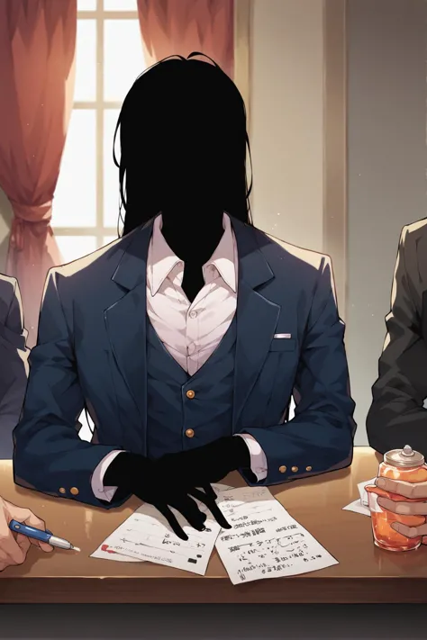 <lora:ShadowPerson-000004:1>, ShadowPerson, colored skin, black skin, black hair, faceless, silhouette, man, wearing suit, writing, table, long hair, score_9, score_8_up, score_7_up,