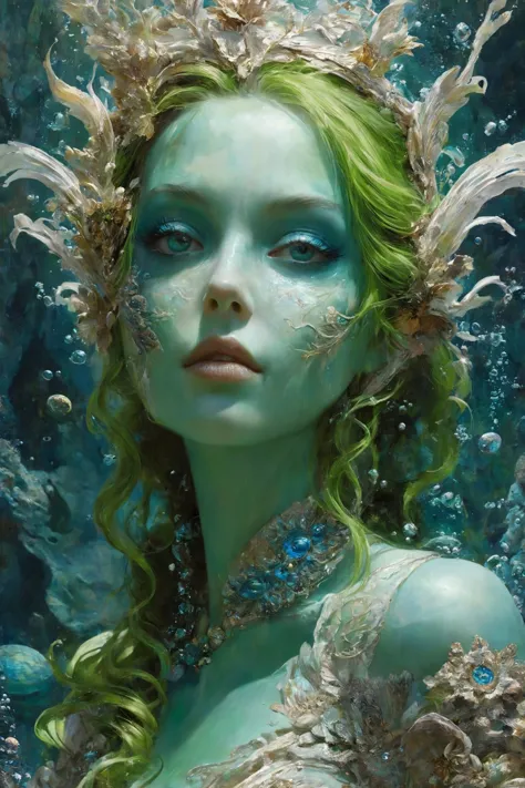 a close up of a woman with green hair and a crown