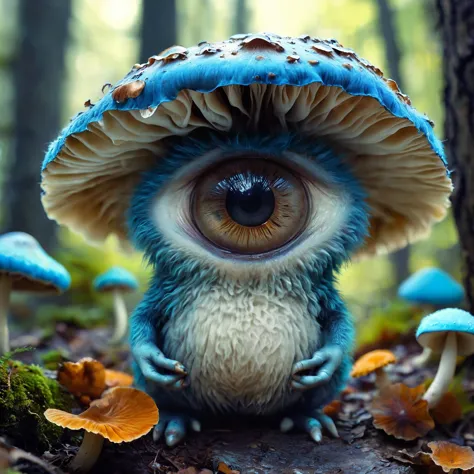 there is a blue and white mushroom with a blue eye