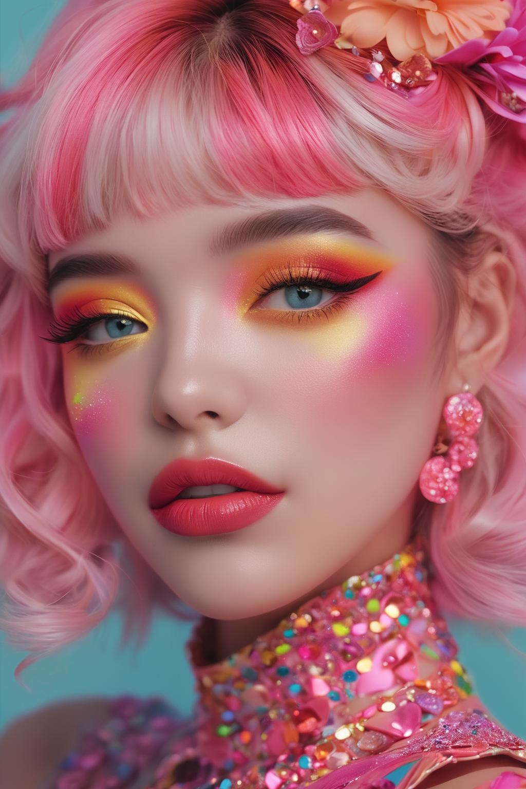 A close up of a woman with pink hair and bright makeup - SeaArt AI