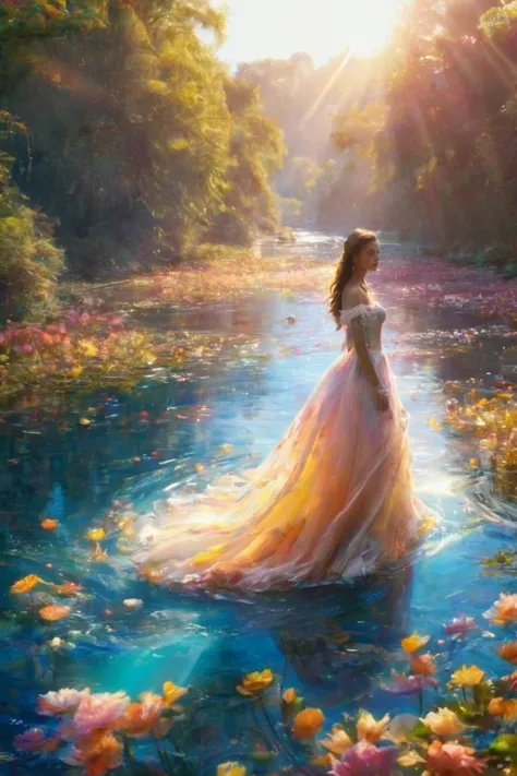 2girls,(masterpiece:1.2),best quality,multicolored,masterpiece,best quality,((an extremely delicate and beautiful)),floating,(detailed wet clothes),(detailed light),feather,nature,(sunlight),river,floating palace,beautiful and delicate water,(bloom),(shine),colourful,panorama,landscape,Colorful portraits,