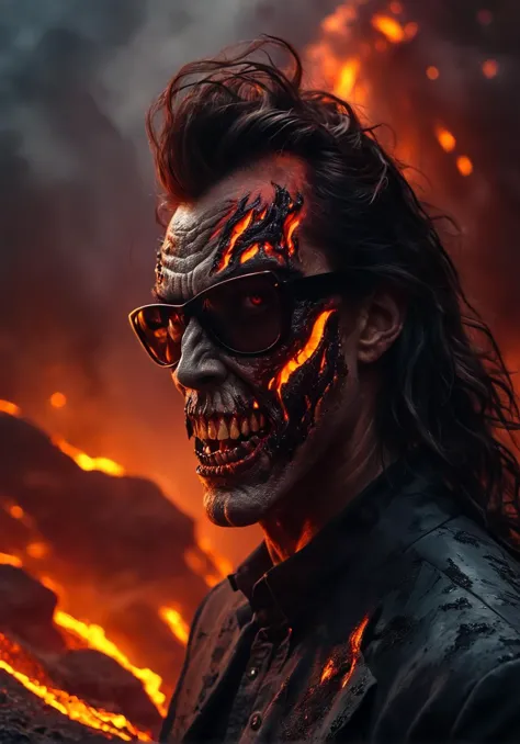 a man with a scary face and sunglasses standing in front of a fire