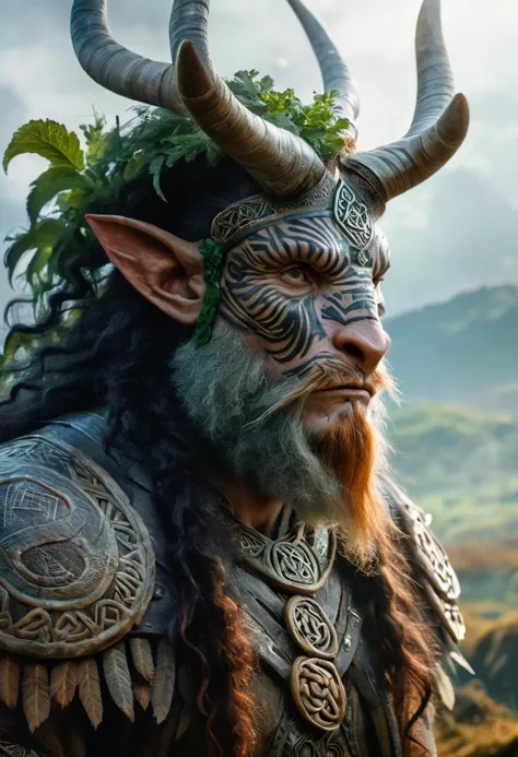 a close up of a man with horns and a beard