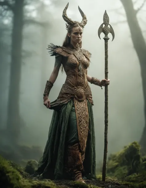 a woman in a forest with a spear and a horned head