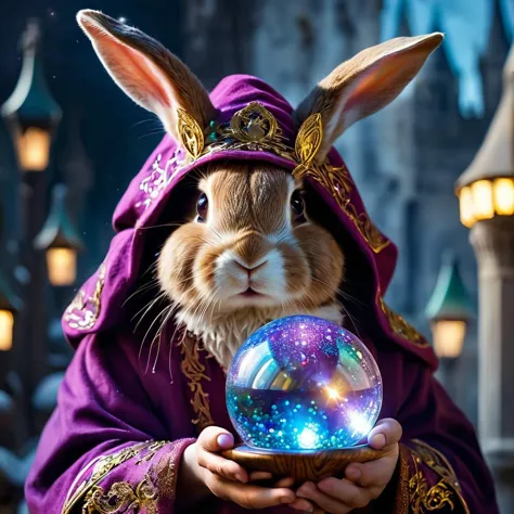 araffe dressed in purple holding a crystal ball in front of a castle