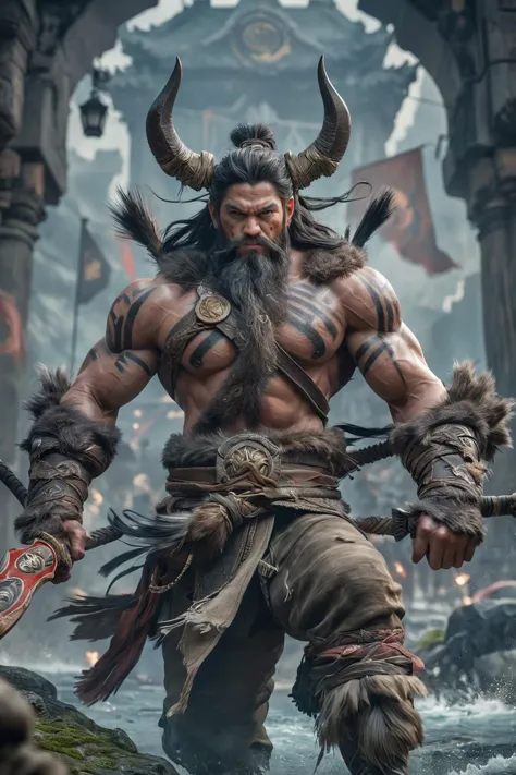 a man with horns and a beard holding a sword in a city