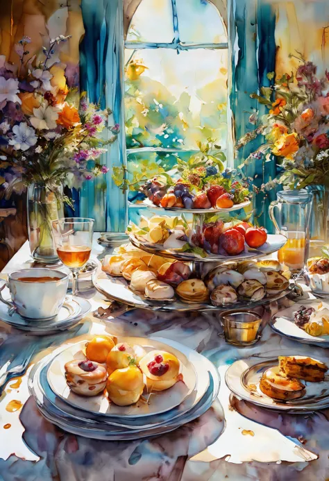 painting of a table with plates of food and cups of coffee