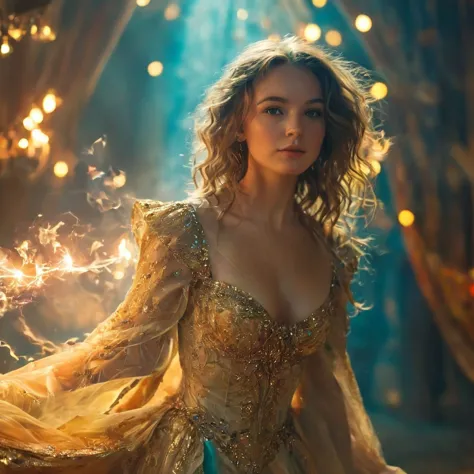 a woman in a golden dress standing in a room with lights