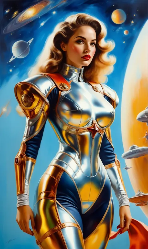 a painting of a woman in a futuristic suit standing in front of a spaceship