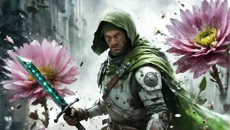 a man in a green hood holding a sword and a flower in his hand and a green cape on his head, Clint Cearley, epic fantasy character art, concept art, fantasy art