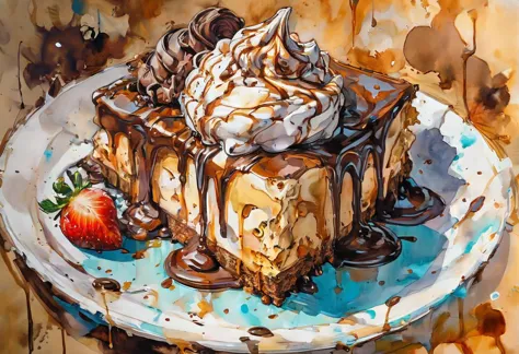 painting of a piece of cake with chocolate sauce and whipped cream