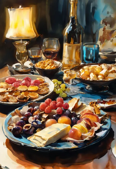 painting of a table with a variety of food and wine