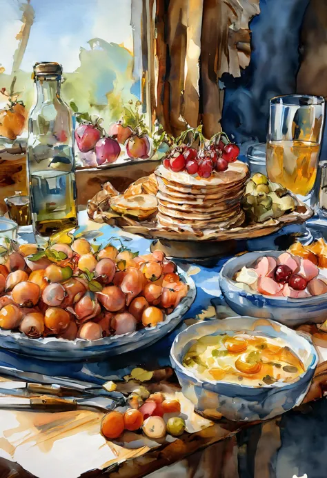 painting of a table with plates of food and glasses of wine