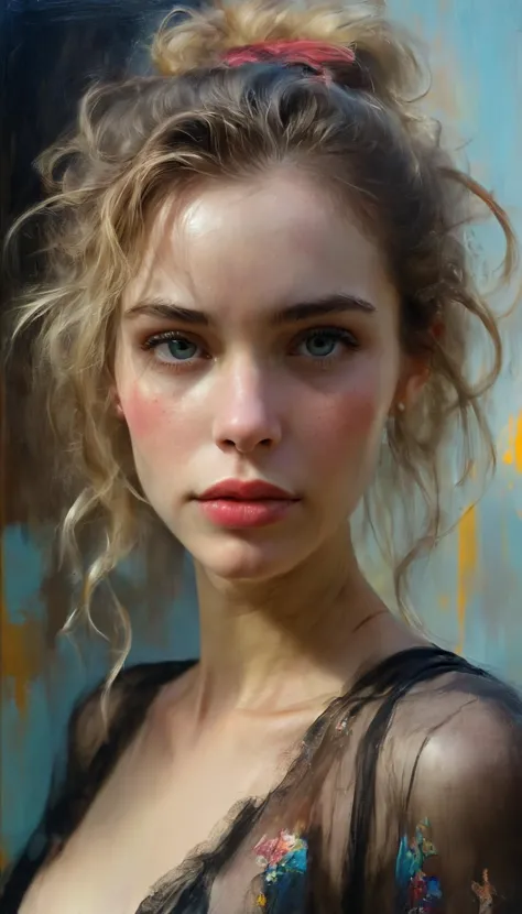 a close up of a woman with a messy hair and a black dress