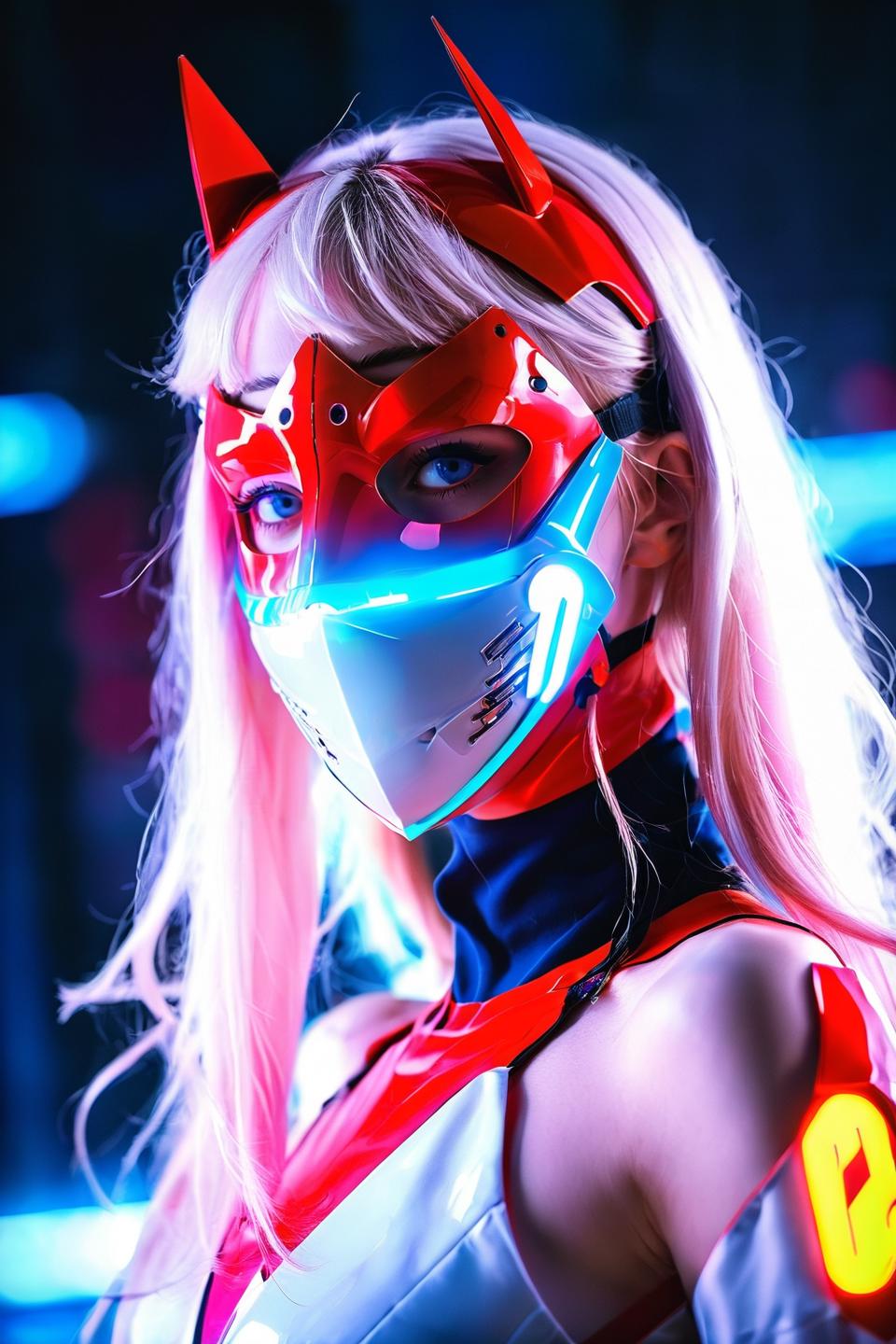 A close up of a woman wearing a mask and a red and blue costume - SeaArt AI