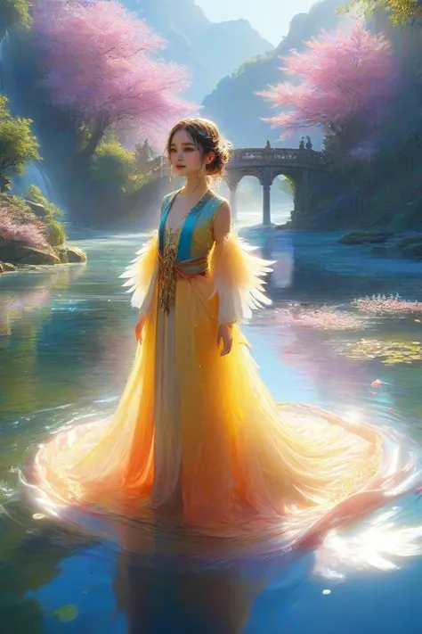 2girls,(masterpiece:1.2),best quality,multicolored,masterpiece,best quality,((an extremely delicate and beautiful)),floating,(detailed wet clothes),(detailed light),feather,nature,(sunlight),river,floating palace,beautiful and delicate water,(bloom),(shine),panorama,landscape,looking_at_viewer,