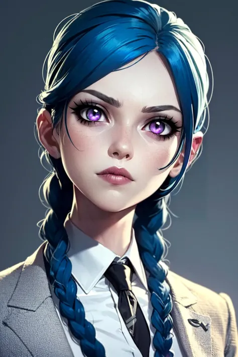 high quality, jinkesi_quan,jinkesi_lian,1 girl with simple background, (side bangs), blue hair, tattoos, (pink eyes), (double braids), ((long braids)) ((raised eyebrows)) looking at audience
(black frilly tie), white collared shirt, black suit, school unif...