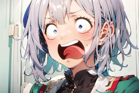 anime girl with blue eyes and white hair with a surprised look