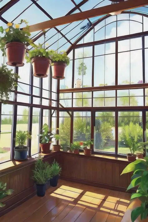 greenhouse, wide shot, (cute interior:1.5),(warm glow), plants, hanging plants, large windowessy room:1.1)