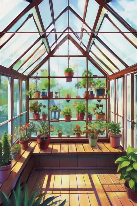 greenhouse, wide shot, (cute interior:1.5),(warm glow), plants, hanging plants, large windowessy room:1.1)