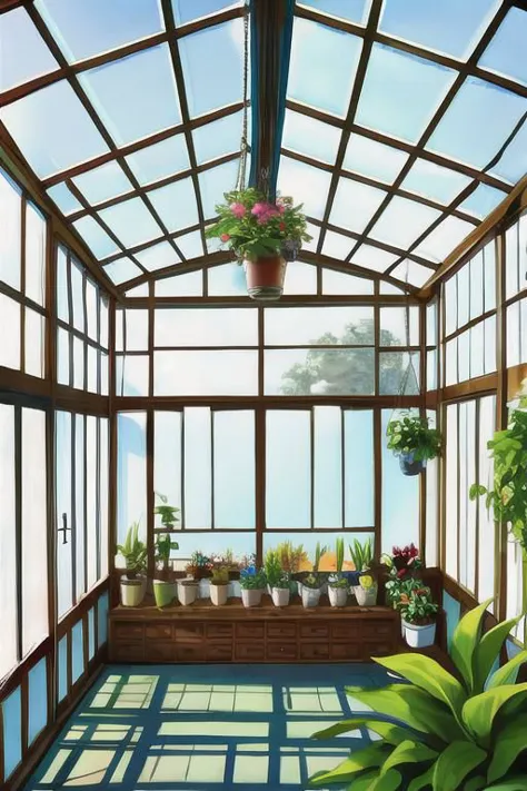 greenhouse, wide shot, (cute interior:1.5),(warm glow), plants, hanging plants, large windowessy room:1.1)