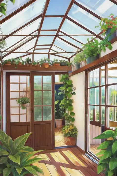 a painting of a sunroom with a glass roof and plants