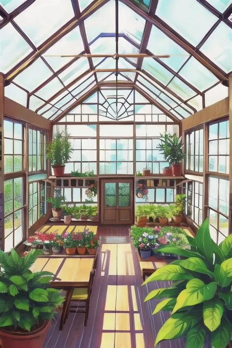 a painting of a greenhouse with plants and a table