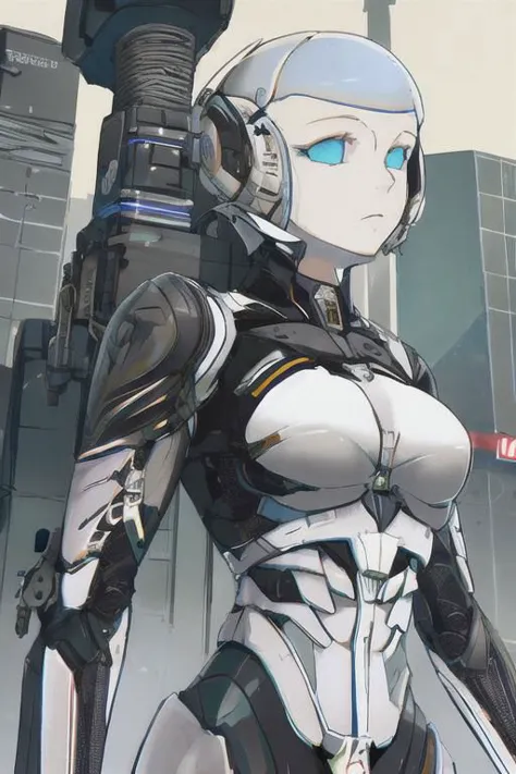 upper body, 1girl, gorgeous woman, black hard surface mech, ex-suit mech, short hair, black ex-suit mech, upper body, mechanized girl, tree, city street,