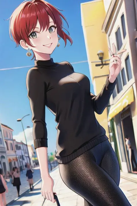 anime girl with red hair and black top walking down a street