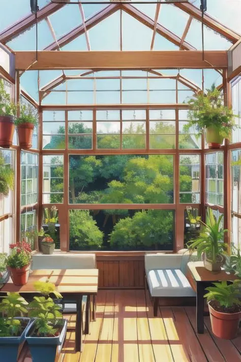 greenhouse, wide shot, (cute interior:1.5),(warm glow), plants, hanging plants, large windowessy room:1.1)