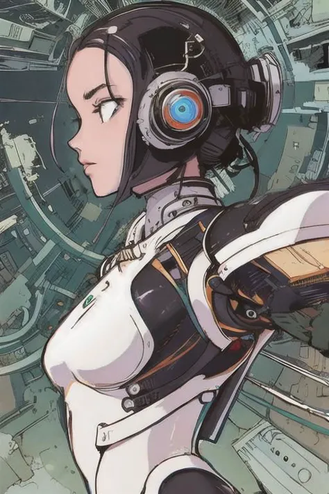 a woman in a futuristic suit with headphones on