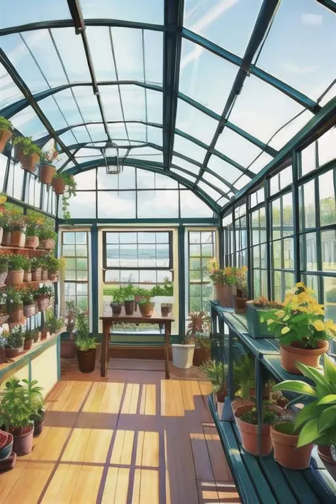 greenhouse, wide shot, (cute interior:1.5),(warm glow), plants, hanging plants, large windowessy room:1.1)