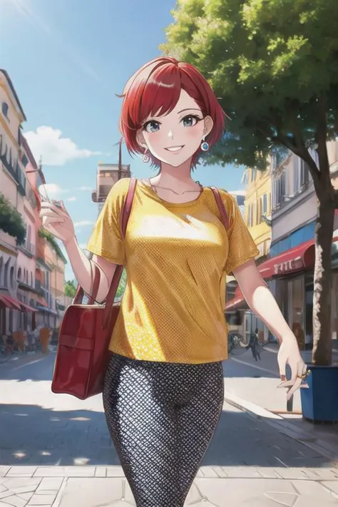 a woman walking down a street with a red purse