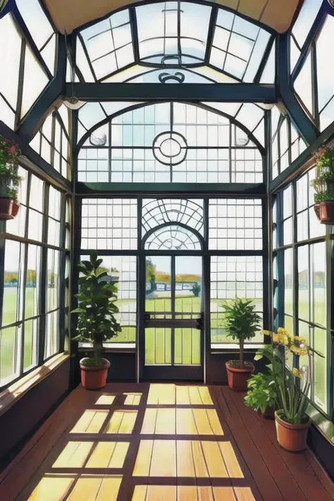 painting of a sun room with a large window and potted plants