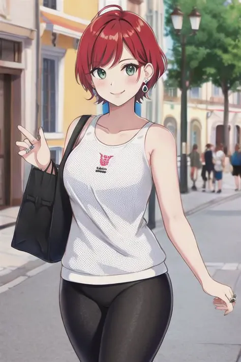 anime girl walking down the street with a bag and a handbag