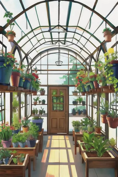 there are many potted plants in the greenhouse on the shelves