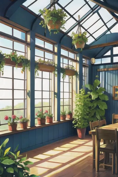 greenhouse, wide shot, (cute interior:1.5),(warm glow), plants, hanging plants, large windowessy room:1.1)