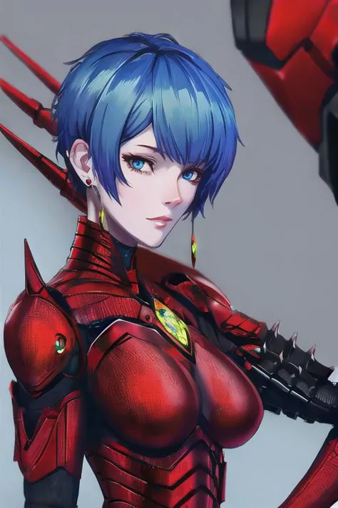 a close up of a woman with blue hair and a red suit