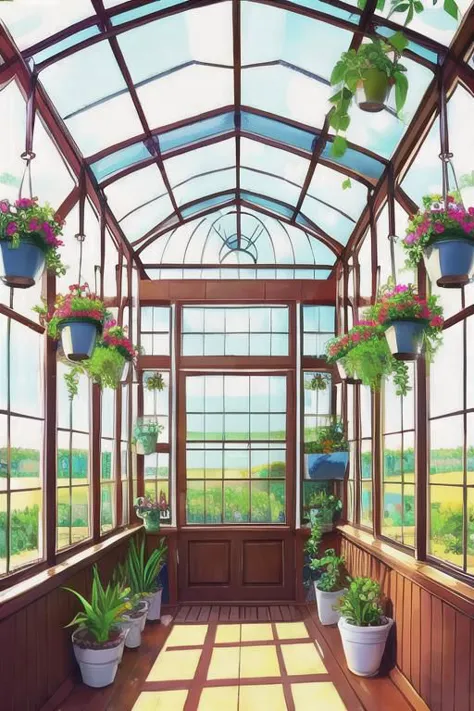 greenhouse, wide shot, (cute interior:1.5),(warm glow), plants, hanging plants, large windowessy room:1.1)