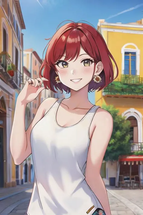 anime girl in white tank top and jeans walking down a street