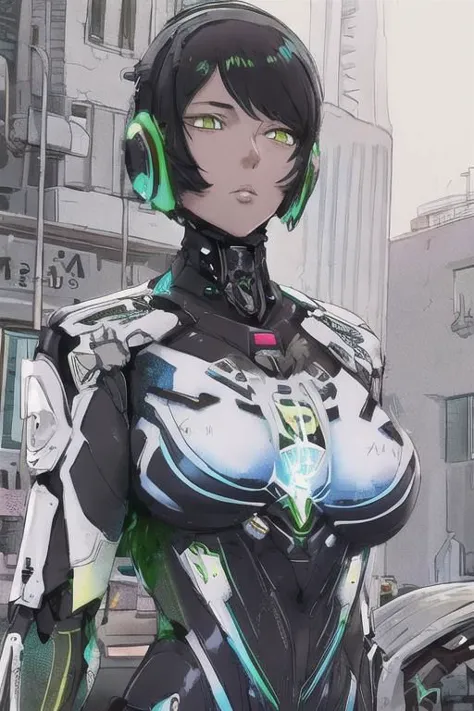 a close up of a woman in a futuristic suit with headphones