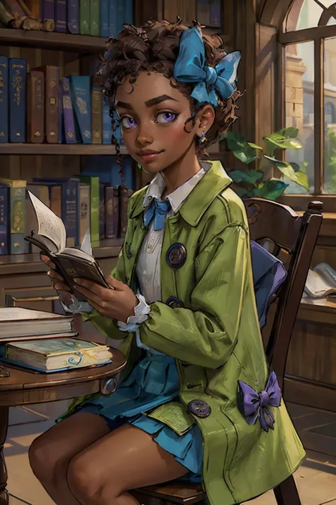 bkdef, dark skin, purple eyes, green coat, buttons, white shirt, blue skirt, hair bow, serious, smirk, sitting, behind a table, inside a library, reading a book, book shelves, soft lighting,  high quality, masterpiece,  <lora:Bow-10:.8>