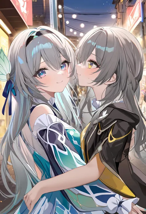 2girls,<lora:firefly_newæµè¤v2.0XL:1>,(firefly \(honkai: star rail\):1.1),[[[[headband]]]],grey hair,purple eyes,blue eyes,white flower,from behind,(stare down:1.1),(looking at each other:1.2),honkai: star rail,trailblazer \(honkai: star rail\),(stelle \(honkai: star rail\):1.1),smile,bokeh,(mutual hug:1.1),shiny skin,(Upper body lens:1.2),(neon lights:1.2),(street:1.2),masterpiece,best quality,amazing quality,very aesthetic,absurdres,wlop,ask (askzy),(artist:pottsness:0.75),[[chen bin]],[omone hokoma agm],torino aqua,blue theme