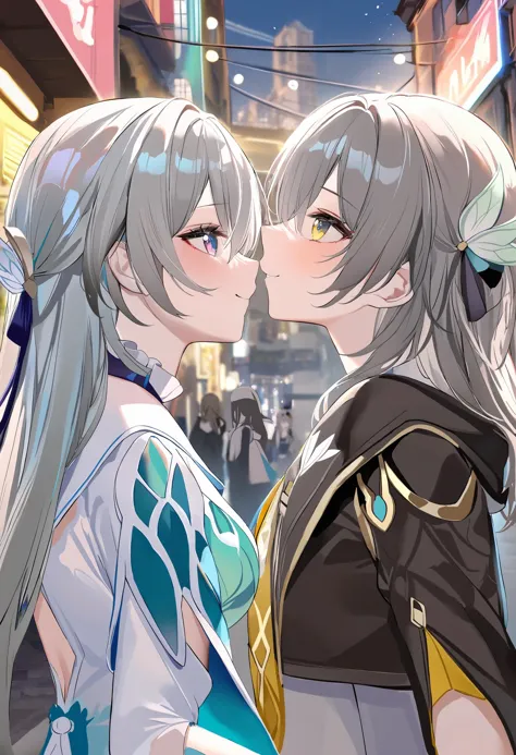 two anime girls are kissing in the middle of a city street