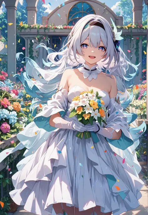 anime girl in a wedding dress holding a bouquet of flowers