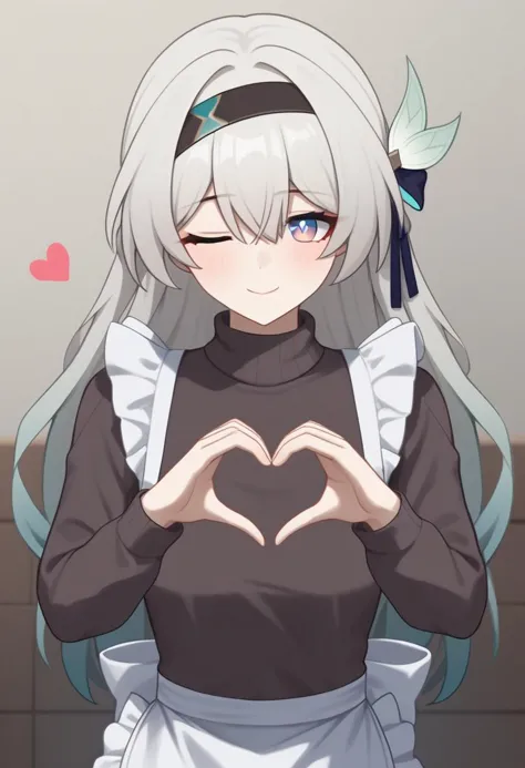 a woman with long white hair and a black shirt making a heart with her hands