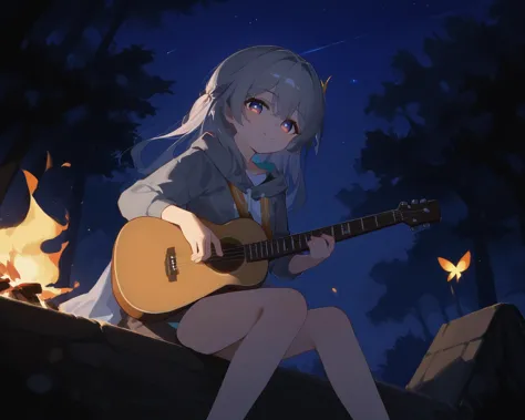 anime girl sitting on a rock with a guitar in front of a campfire