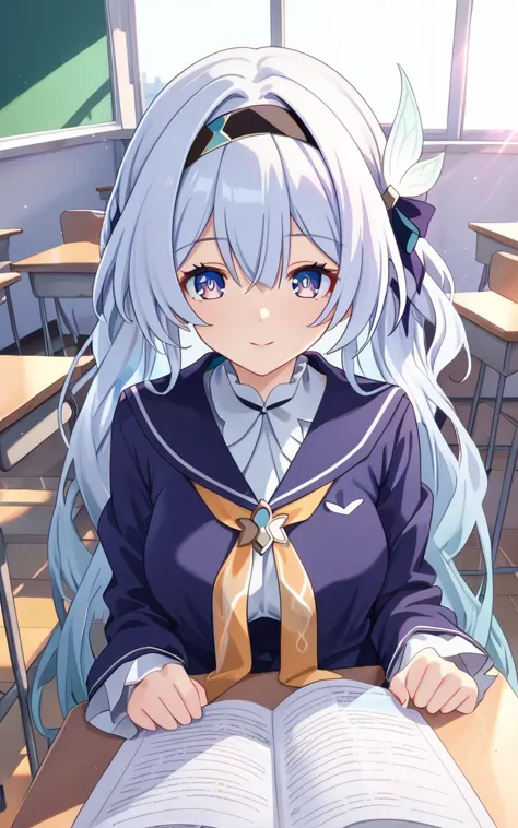 anime girl sitting at a desk with a book in front of her