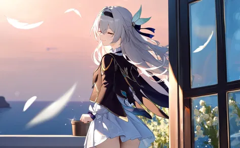 anime girl standing in front of a window looking out at the ocean