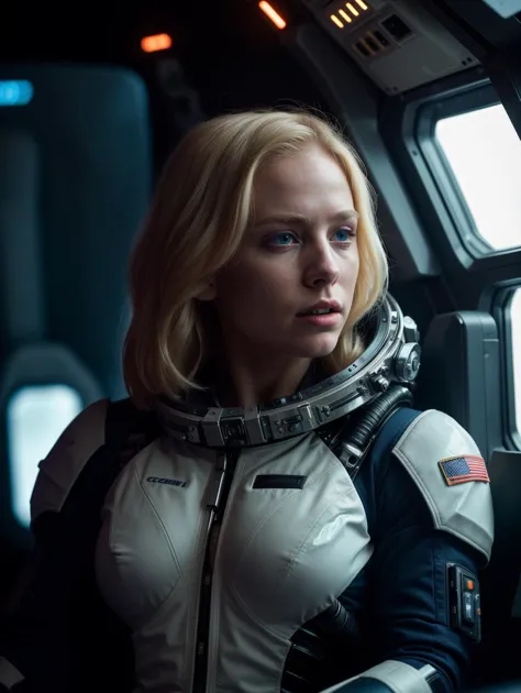 Michael Bay movie (dramatic scene:1.2),Cinematic photo, a cute girl, 22 years old,  blonde hair, (wearing high tech space suite), SciFi scene, pale skin, Porta 160 color, shot on ARRI ALEXA 65, bokeh, sharp focus on subject, highest details, photorealistic, high background details, foggy spaceship interior, high sci-fi cockpit details, action atmosphere, godrays, 8k, raytracing, ((detailed dramatic background)), ,(Ultra quality),  (highest quality),  (canon eos),  f1.8,  (8K UHD),  (ultra-detailed),,  (photography:1.2), (highres:0.3)